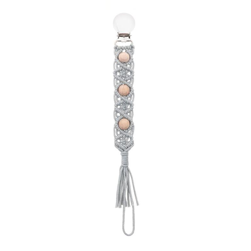 Attache tétine macramé gris avec perles