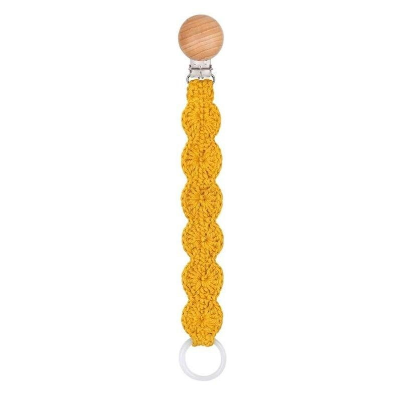 attache tétine ronde macramé jaune moutarde