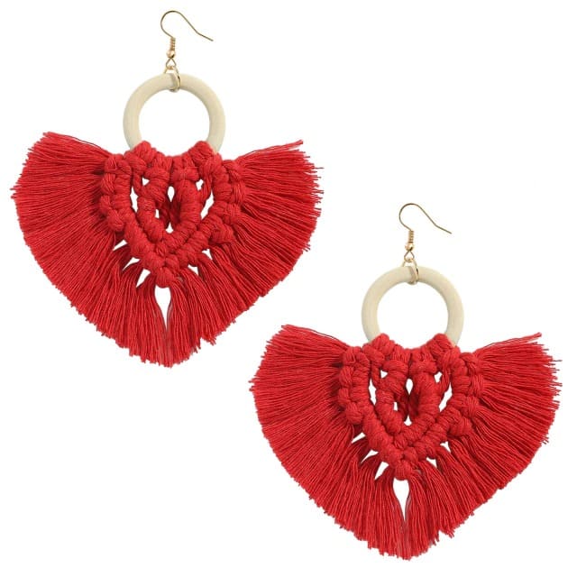 Boucle d&#39;oreille coton macramé rouge