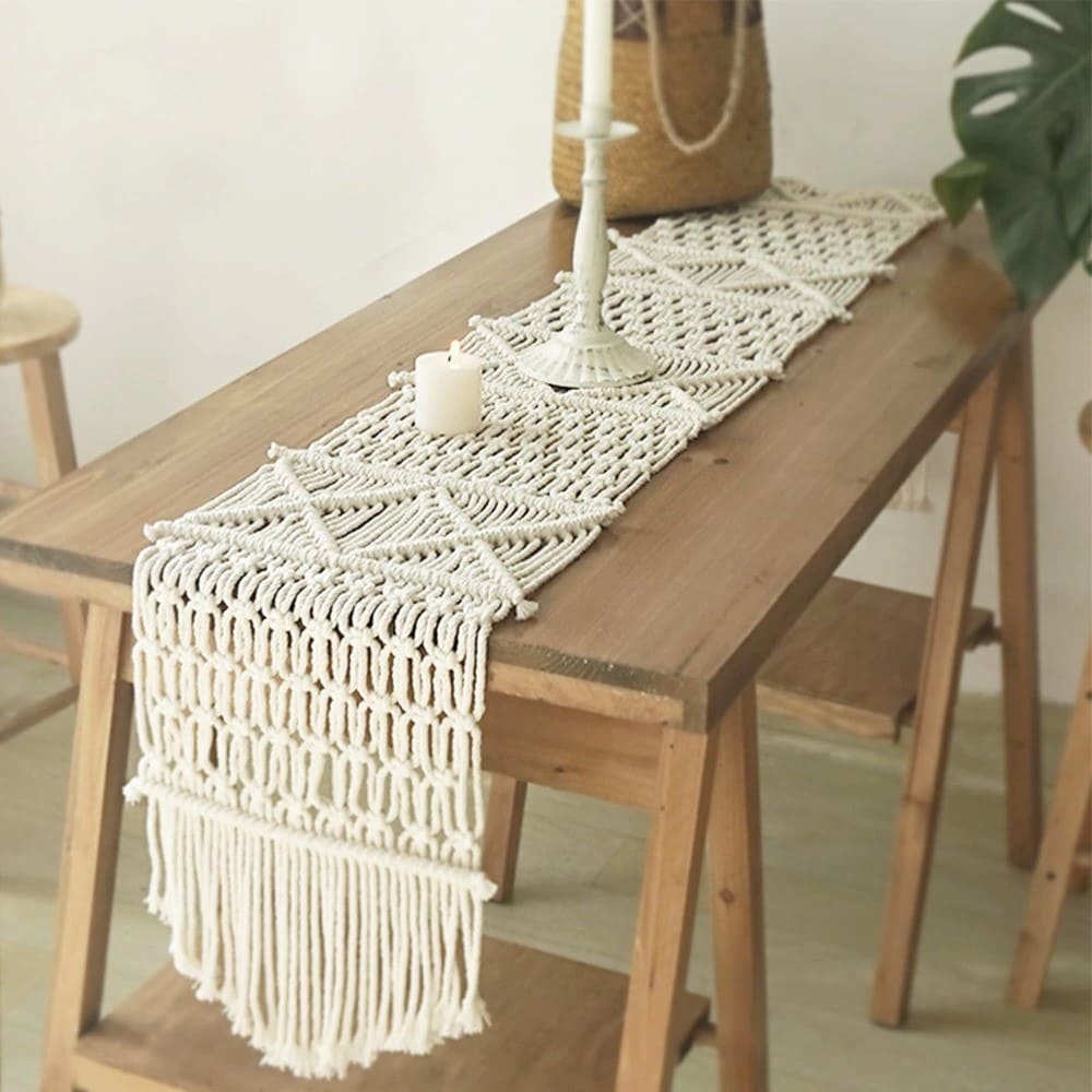 Chemin de table en macramé, coton et lin naturel, décoration de