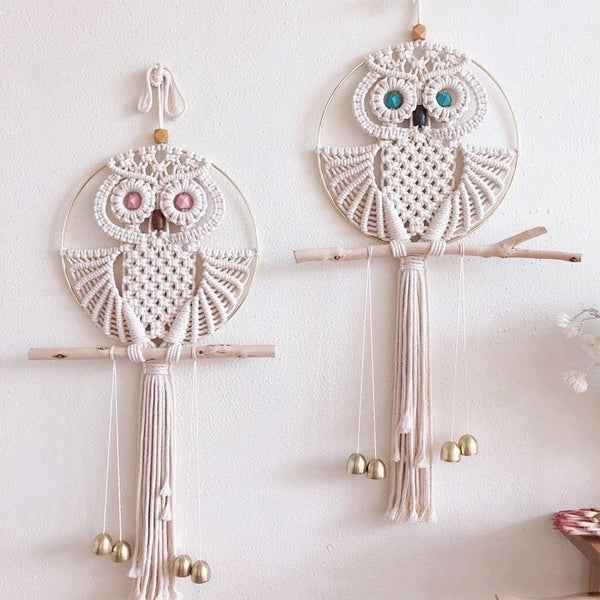 Attrape-Rêves Macramé En Forme De Hibou – Décoration Murale Main – 65 X 30 Cm – Style Boho Pour Chambre Et Salon