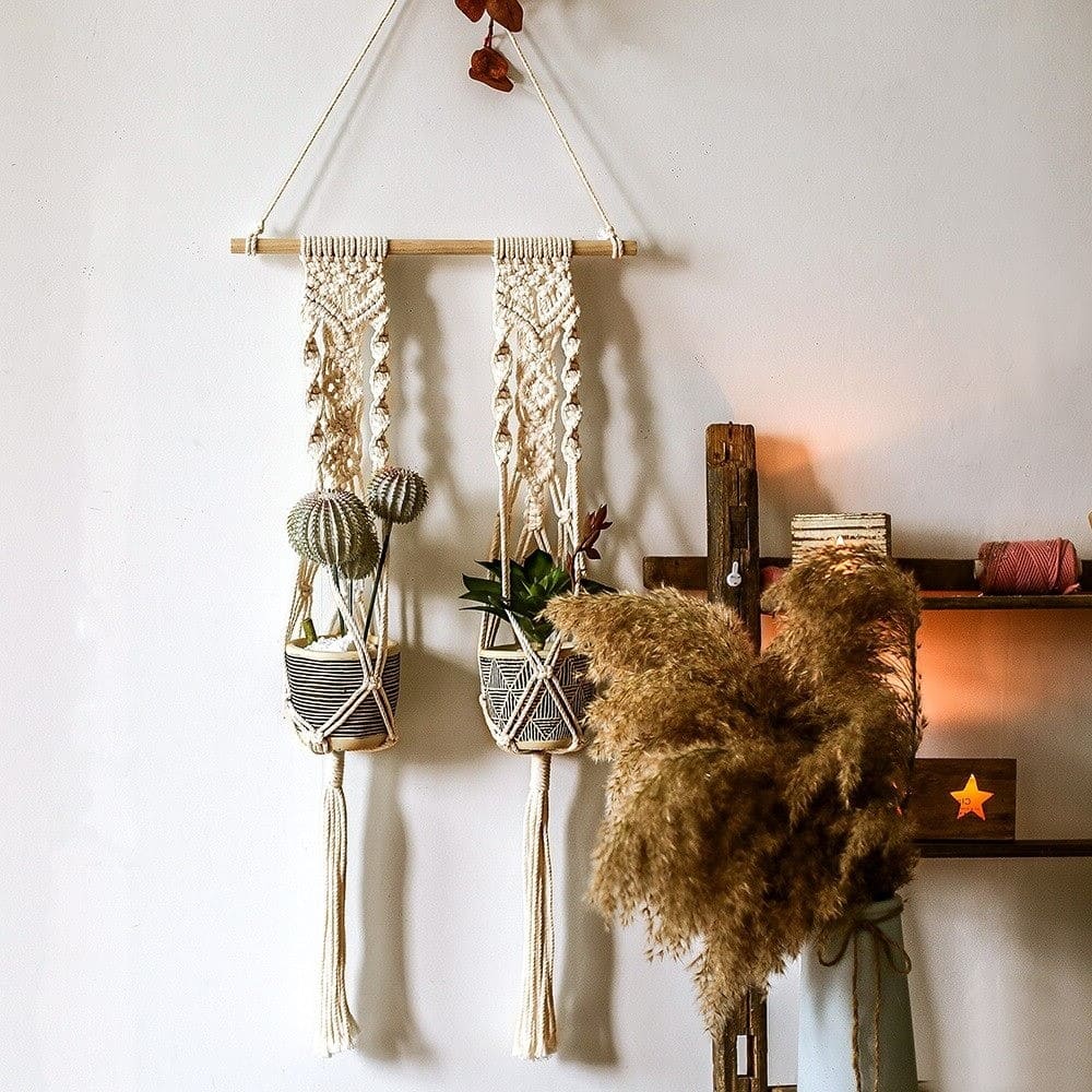 Macramé porte plante double