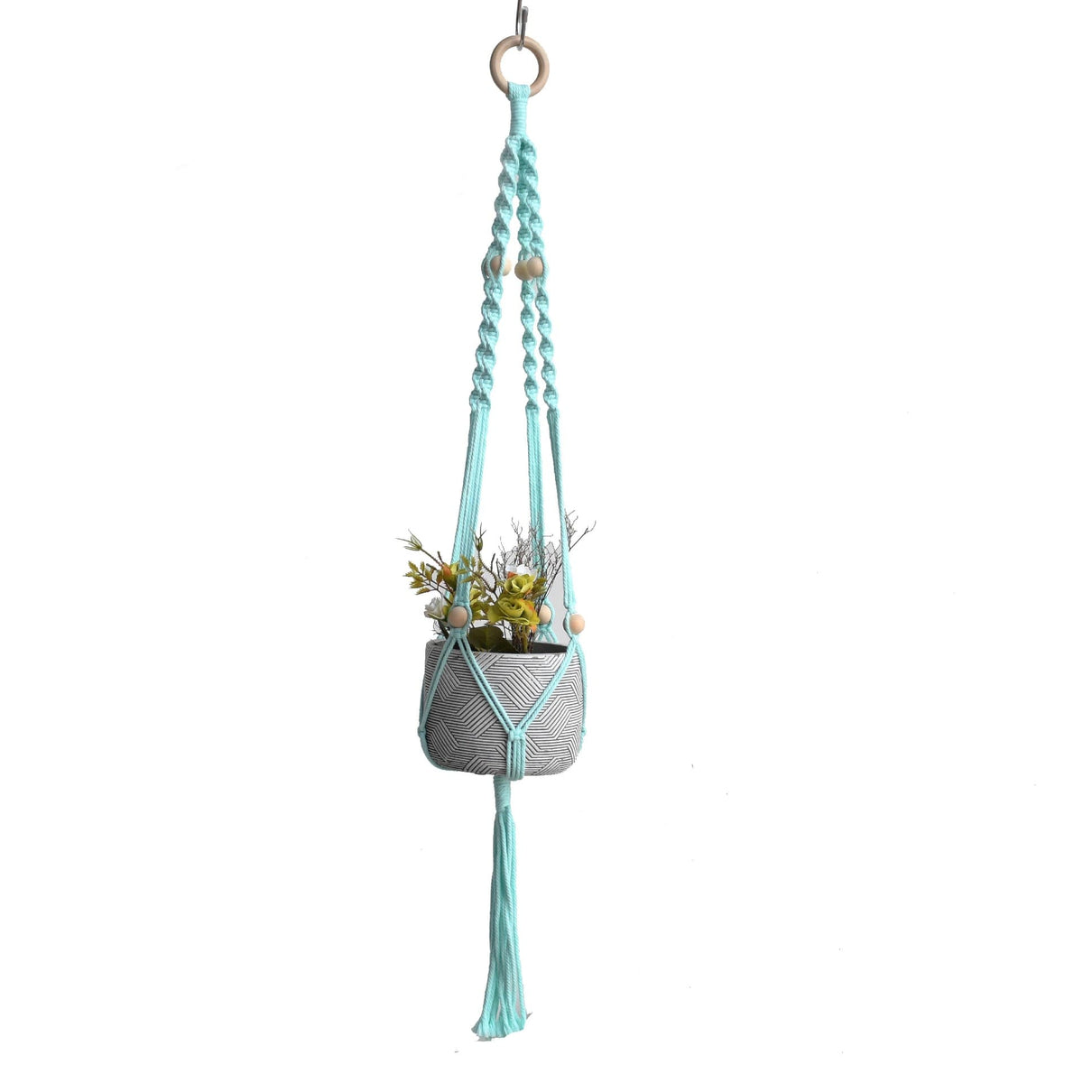 Macramé suspension pour plante bleu cyan