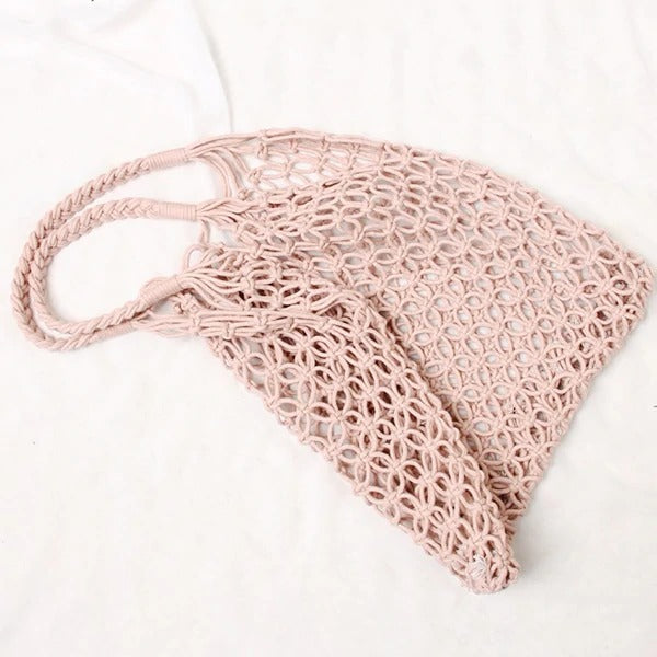 Sac macramé filet rose