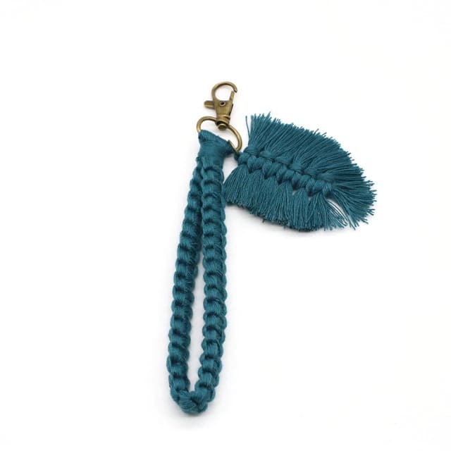 Porte clé macramé plume bleu canard