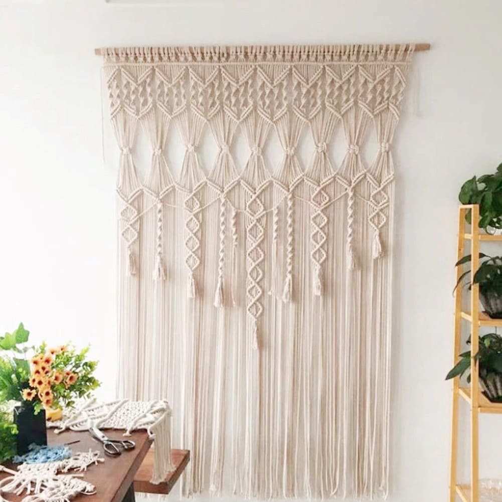 Rideau De Porte En Macramé Avec Pompons - 66 X 200 Cm, Coton | Décoration Bohème Pour Porte, Fenêtre, Mur