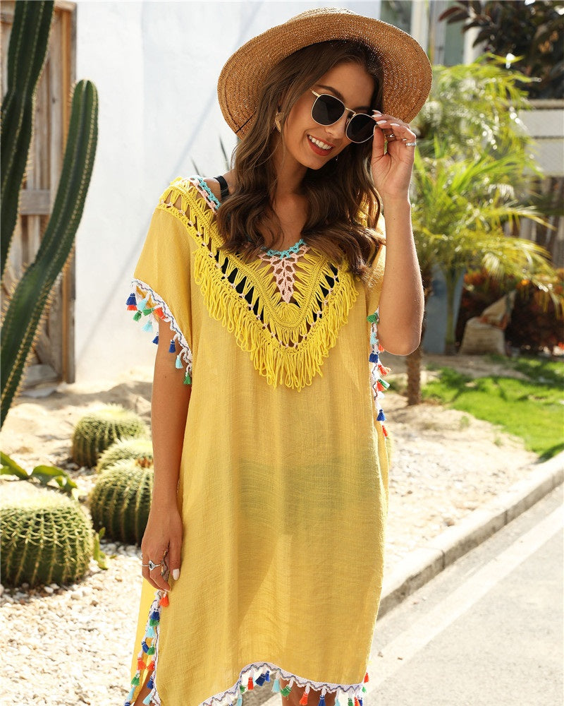 Robe bohème jaune en macramé