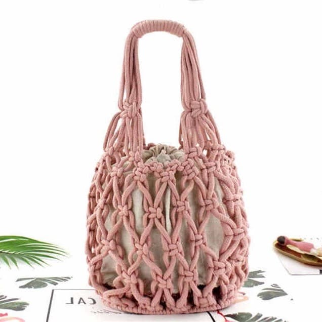Sac en corde macramé rose