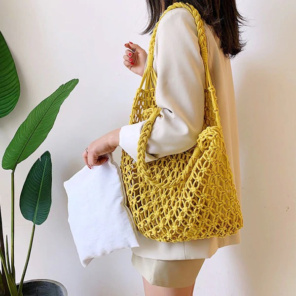 Sac macramé filet jaune