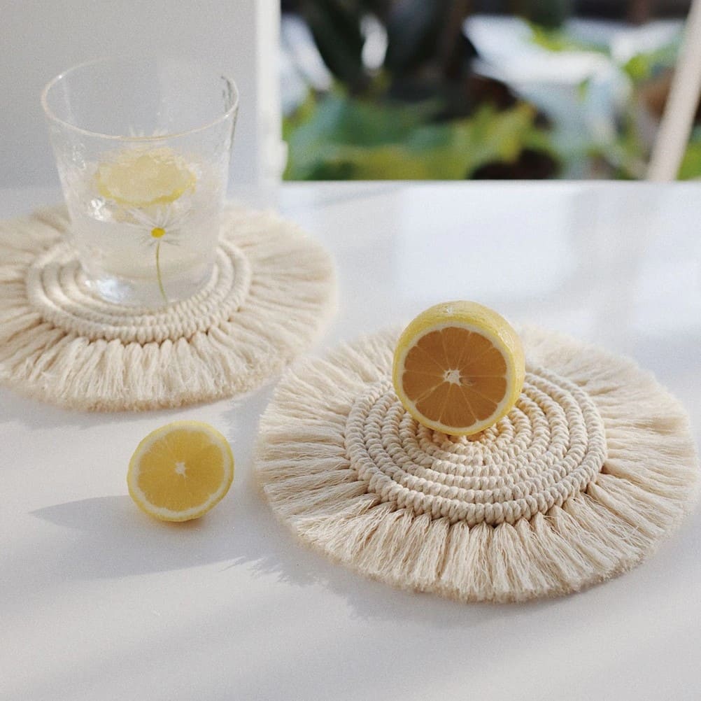 Sous-verre rond macramé beige écru