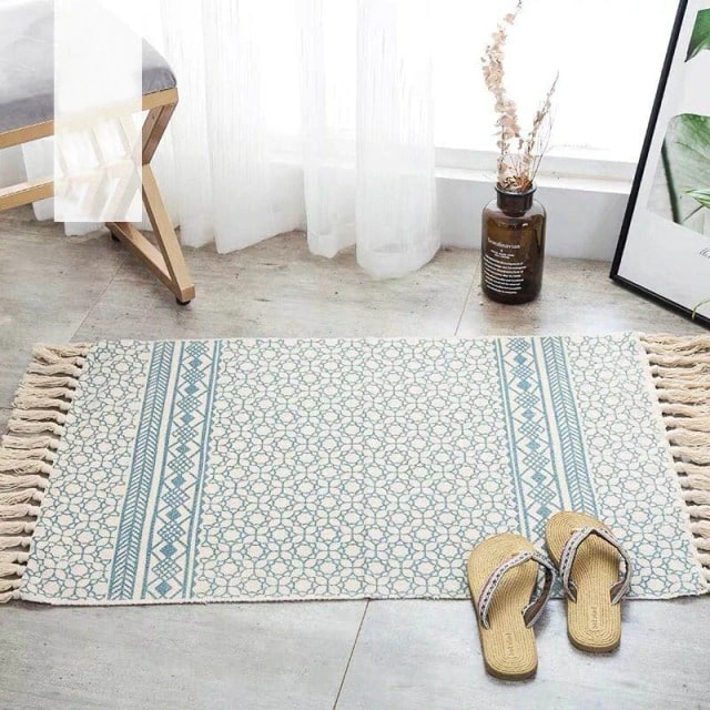 Tapis macramé rectangulaire bleu ciel