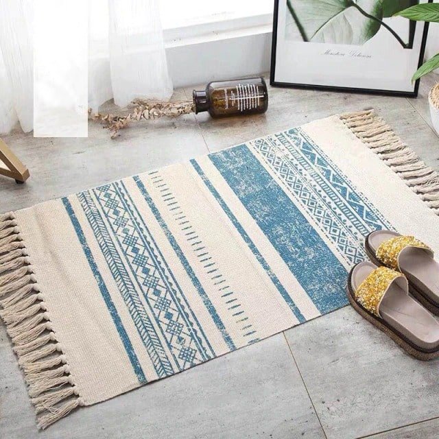 Tapis macramé rectangulaire bleu et beige