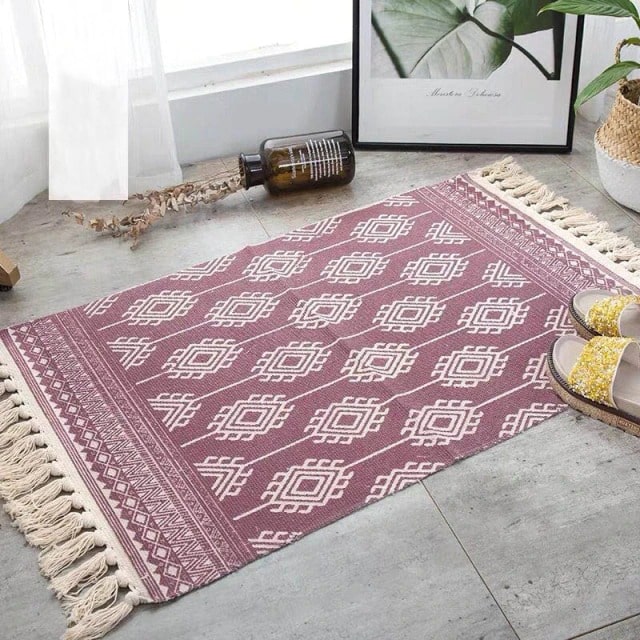 Tapis macramé rectangulaire rouge bordeaux