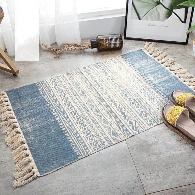 Tapis macramé rectangulaire bleu